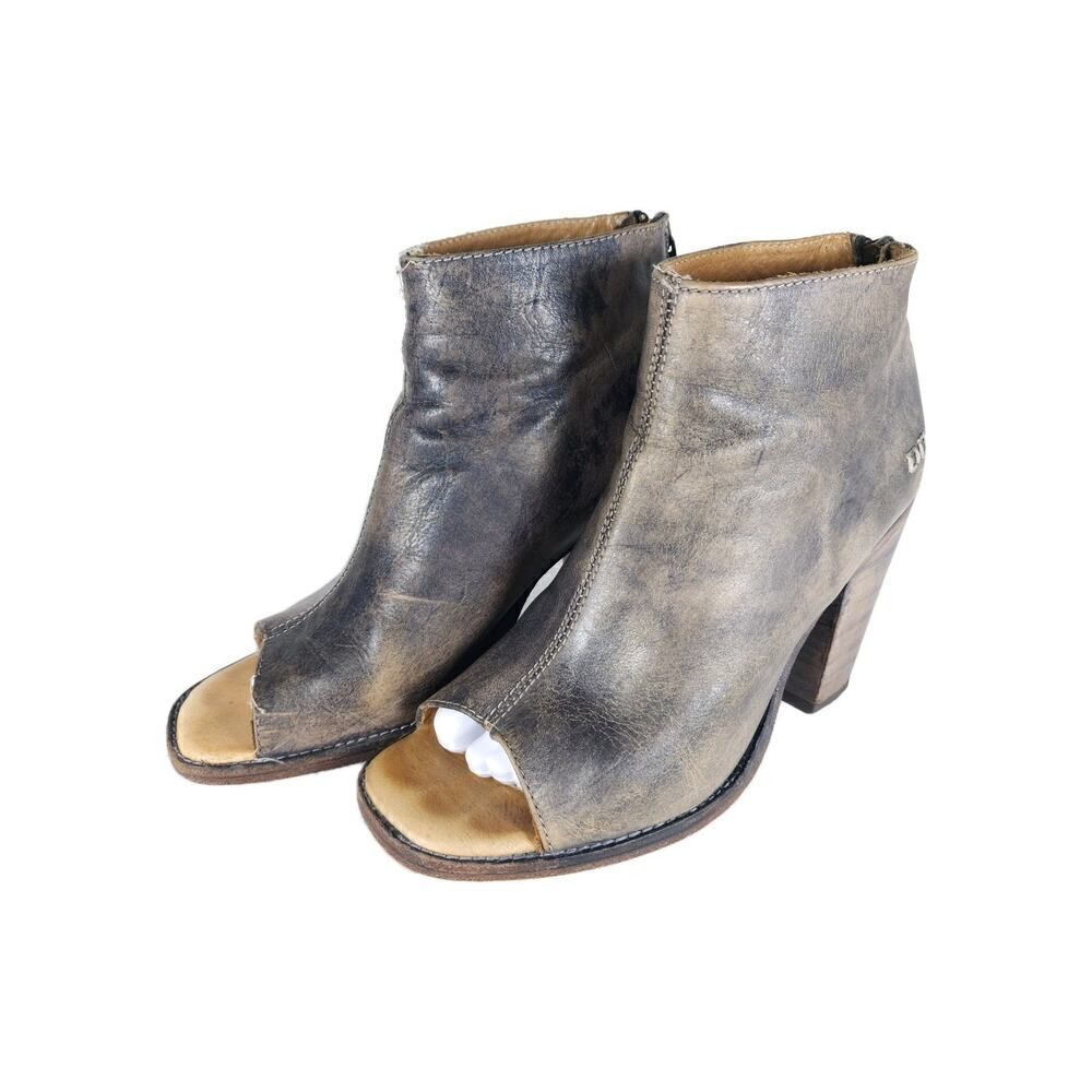 BEDSTU Women's Onset US8,5 Brown Distressed Leather Peep Toe Zip Ankle Booties